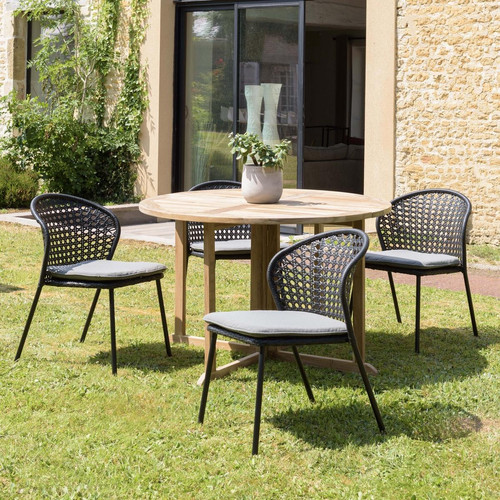 MACABANE - Salon de jardin 4 personnes 1 Table ronde 120x120cm et 4 chaises noires et grises MACABANE  - Table ronde grise