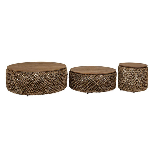 MACABANE Set de 3 tables basses rondes en tissage de fibre de cocotier