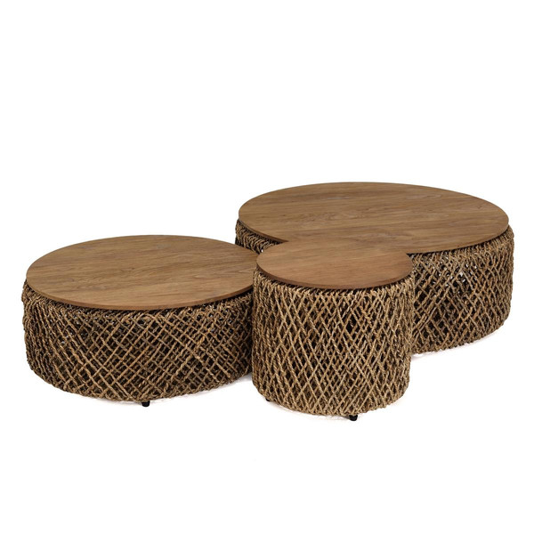 Tables basses MACABANE Set de 3 tables basses rondes en tissage de fibre de cocotier