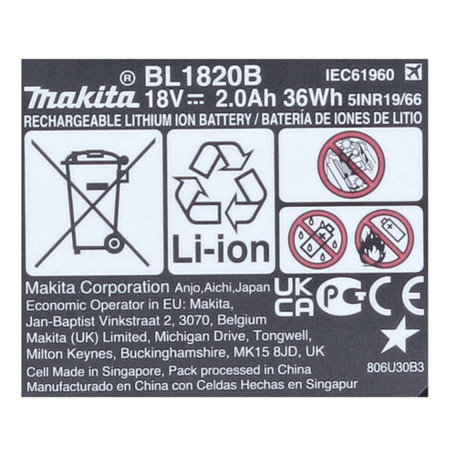 Makita - Makita BL 1820 B Batterie Li-Ion avec témoin de charge LED 18 V - 2 Ah / 2000 mAh - original, sans réplique (197254-9) Makita  - Marchand Stortle
