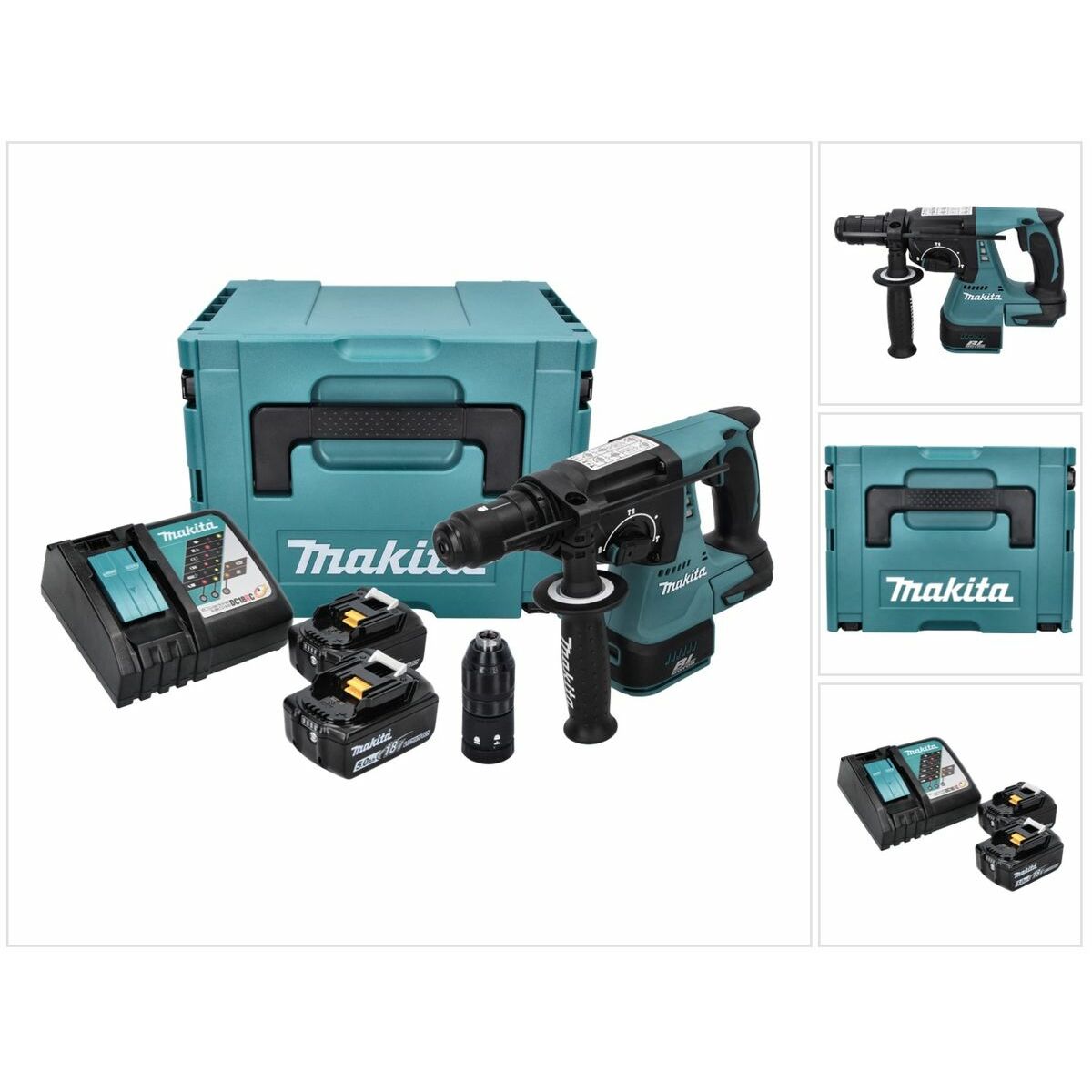 Makita DHR 243 RTJ Perforateur-burineur sans fil, sans balai, SDS-Plus, 18 V, 2 J + 2x Batteries 5 Ah + Chargeur + Makpac