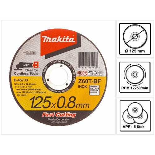 Makita - Makita Disques à tronçonner métal et INOX pour meuleuses sans fil Fast Cutting - 5 pièces 125 x 0,8 x 22,23 mm ( B-45733 ) Makita  - Disque pour meuleuse