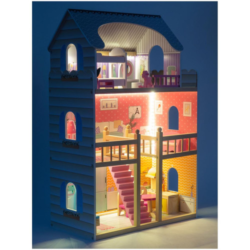 Maisons de poupées Mamabrum Grande Maison de Poupées en Bois pour Enfants Éclairage LED  123 x 34 x 114 cm