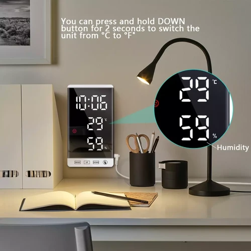 Réveil Bouton tactile LED miroir réveil horloge murale numérique affichage de l'heure température humidité Port de sortie USB horloge de Table - noir blanc