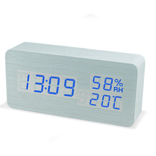 marque generique - LED réveil horloge en bois commande vocale numérique bois - blanc bleu marque generique  - Horloge Murale Réveil