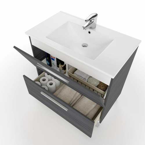 meuble bas salle de bain Meuble de salle de bains avec 1 porte, 1 tiroir et un miroir, Modèle Urban, Finition gris cendré, Mesures : 80 cm (L) x 80 cm (H) x 45 cm (P)