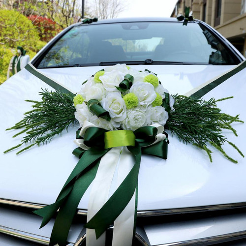 Objets déco 12 pièces de mariage kit de décorations de voiture soie fleur arcs ruban set vert