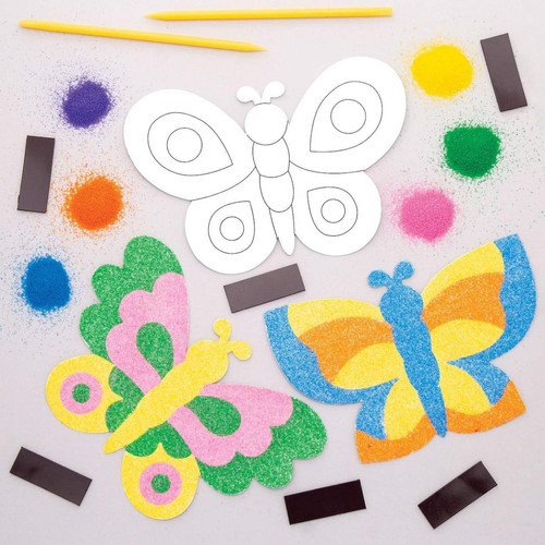 Image autocollante marque generique Baker Ross Kits d'aimants papillons en sable coloré (lot de 6) - Kits de loisirs créatifs pour enfants.