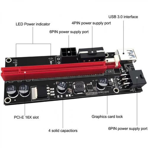 marque generique Carte Riser PCI-E 1x à 16x, Equipée d'un Câble d'extension USB3.0 et d'un Cordon d'alimentation 6PIN-SATA, Carte Adaptateur de Câble GPU