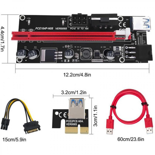 Câble antenne Carte Riser PCI-E 1x à 16x, Equipée d'un Câble d'extension USB3.0 et d'un Cordon d'alimentation 6PIN-SATA, Carte Adaptateur de Câble GPU