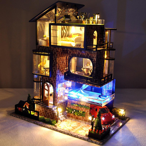 marque generique DIY Mini Dollhouse Meubles En Bois Kit, main Grande Maison avec LED Lumière pour Assemblage D'anniversaire Cadeaux pour Enfants Garçons Filles