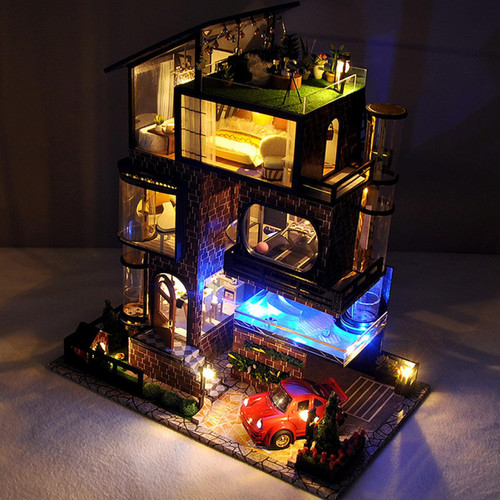 Poupées DIY Mini Dollhouse Meubles En Bois Kit, main Grande Maison avec LED Lumière pour Assemblage D'anniversaire Cadeaux pour Enfants Garçons Filles
