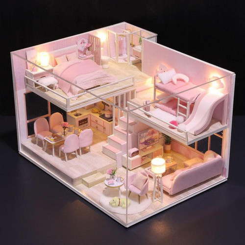 marque generique Dollhouse Miniature avec des Meubles, BRICOLAGE En Bois Dollhouse Kit 1/12 Échelle Creative Chambre Décor À La Maison