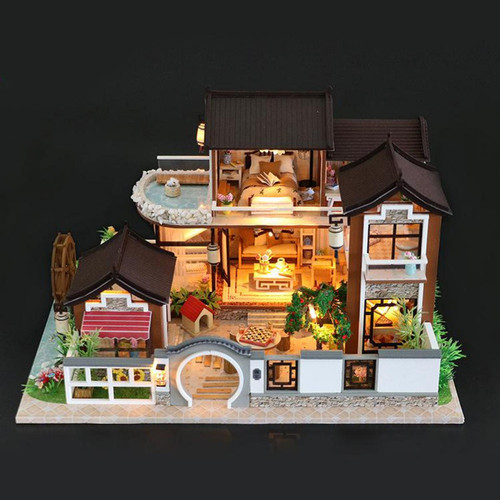 marque generique Dollhouse Miniature avec des Meubles, BRICOLAGE En Bois Dollhouse Kit avec LED Lumière, 1:24 Échelle Creative Chambre Maison