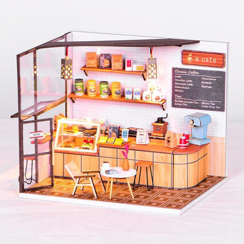 marque generique Dollhouse Miniature avec des Meubles Ornements, BRICOLAGE En Bois Café Poupée Maison Kit, Échelle 1:24 Café  Mini Maison