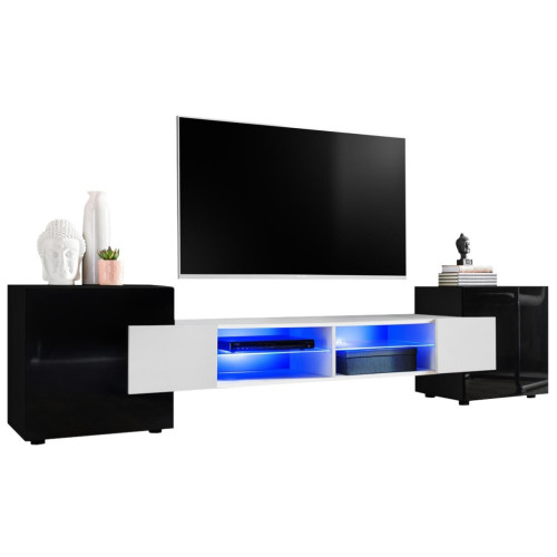 Meubles TV, Hi-Fi marque generique Extreme Furniture Bridge Meuble télé | Meuble télé avec 2 étagères en verre & 2 portes | LED | Design moderne | Rangement pratique