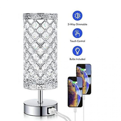 Abats-jour Lampe Cristal, Lampe de Chevet E26, 600LM Cristal de Mode Créatif Lampe de Table avec 2 Ports de Chargement USB, pour Salon Chambre Hôtel
