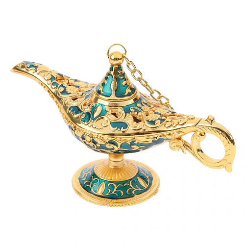 Objets déco métal vintage brillant aladdin genie lampe lumière accent de table bleu or