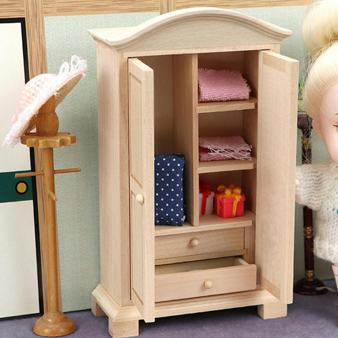 1:12 maison de poupée armoire en bois avec tiroirs scènes de vie modèle jouet 