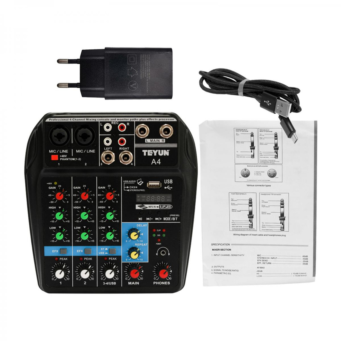 99 effets DSP intégrés alimentation fantôme 48 V carte son avec égaliseur 3 bandes Micfuns Console de mixage professionnel audio DJ mono 8 canaux avec interface USB Bluetooth 