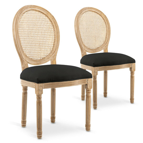 marque generique - Lot de 2 chaises médaillon Louis XVI Cannage Rotin tissu Noir - Chaises Lot de 2