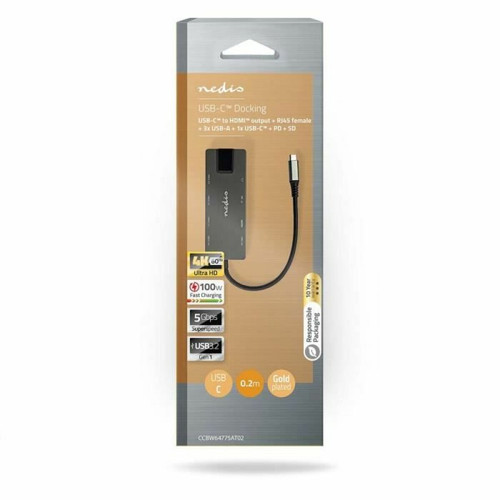 Nedis Station Adaptateur 4K USB USB 3.2 Gen 1 USB-C™ Mâle HDMI™ Femelle RJ45 Femelle SD 3x USB-A / 2x USB-C™+ 3.5mm Fem Plaqué or