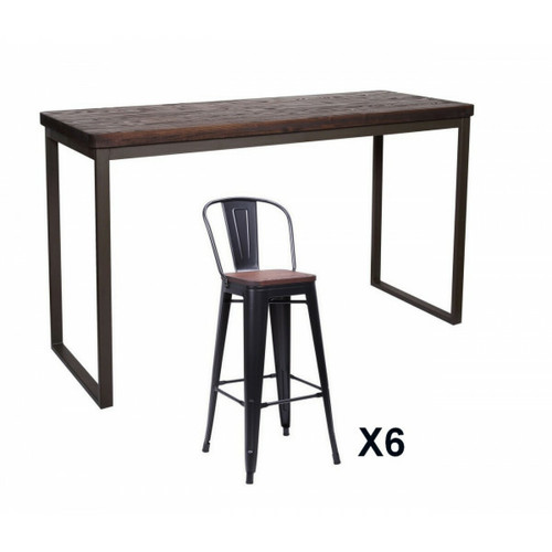 Mathi Design - NEVADA - Table et chaises hautes en bois massif foncé et acier gris L 180 Mathi Design  - Table bois acier design