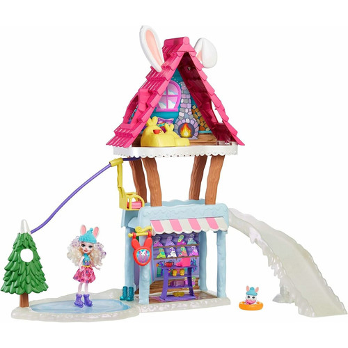 Films et séries Mattel Enchantimals coffret Chalet des Neiges de Bevy Lapin, mini-poupée, figurine animale Jump, 5 espaces de jeu