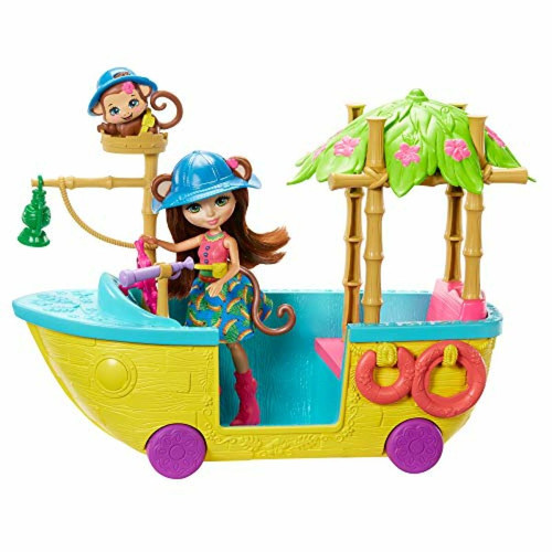 Mattel Enchantimals Junglewood Boat & Merit Monkey Doll (6 pouces) et compass Animal Figure, Boat Playset on Wheels with 8+ Accessories