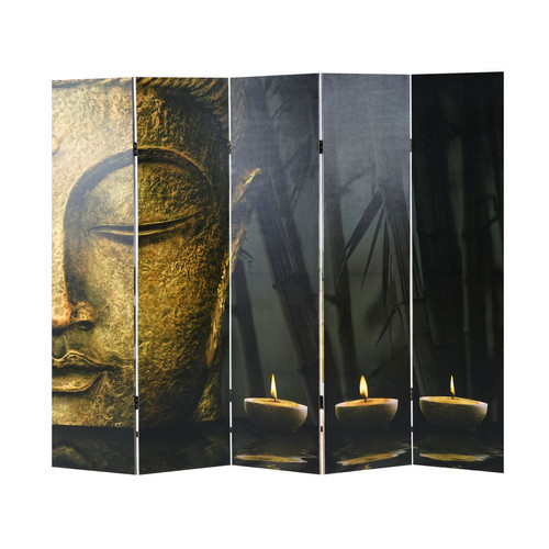 Mendler Paravent / cloison de séparation, 5 pans ~ motif Bouddha 180x200cm