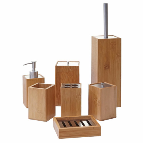 Mendler - Set de salle de bains, 7 pièces HWC-A90, accessoires de bain, distributeur de savon, bambou Mendler  - Accessoires salle de bain bambou