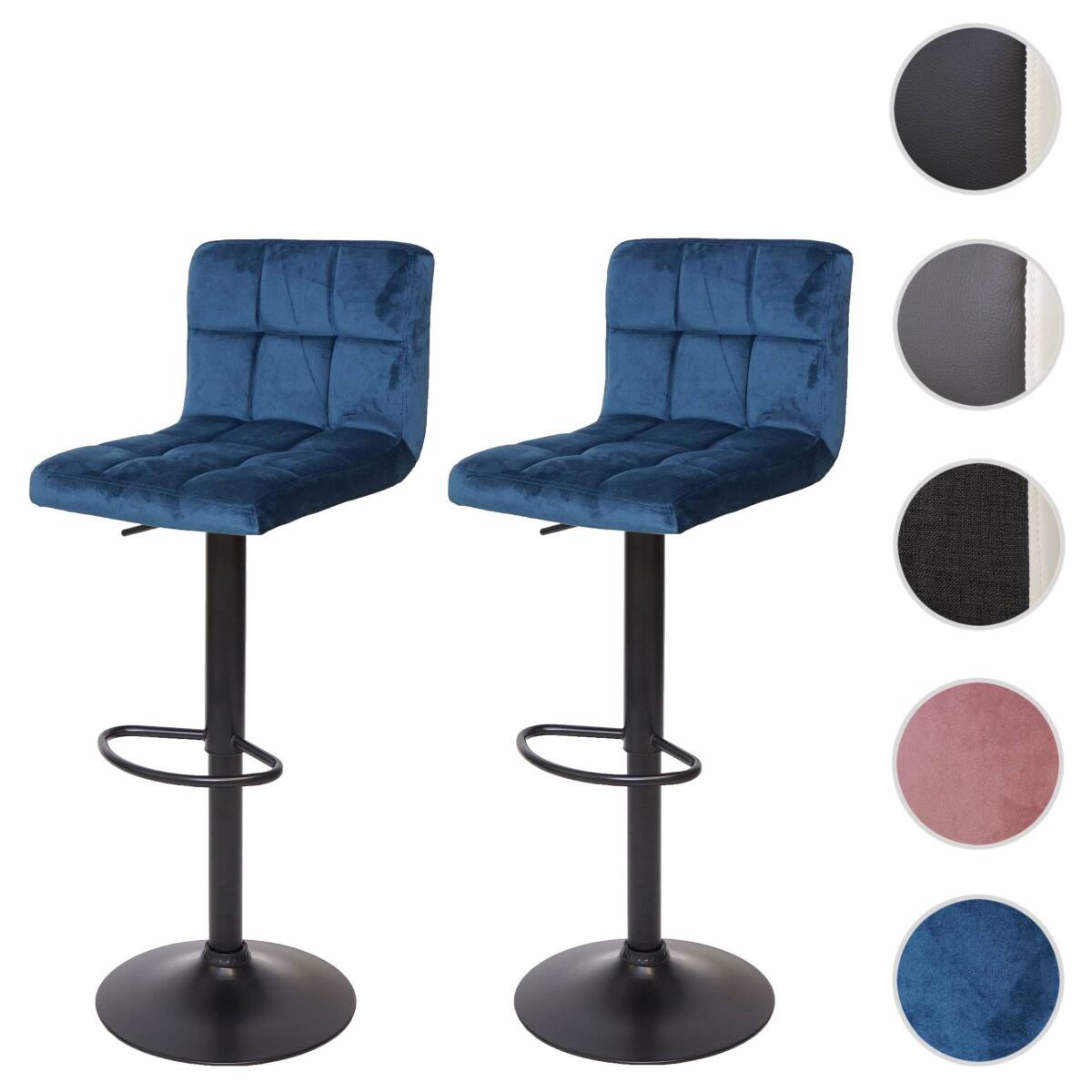 mendler 2x tabouret de bar hwc-g87, chaise bar/comptoir, réglable en hauteur ~ velours pétrole, pied noir  bleu