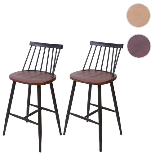 Tabourets Mendler 2x tabouret de bar HWC-G69, chaise, bois massif, rétro, métal, avec repose-pied, gastronomie ~ vintage marron