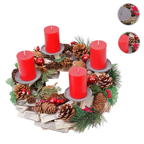 Mendler - Couronne de l'Avent HWC-H49, décoration, arrangement de Noel, bois, rond Ø 33cm ~ avec 4 bougies rouges Mendler  - Bougie ronde
