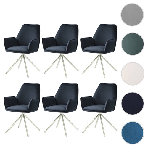 Mendler - Lot de 6 chaises de salle à manger HWC-G67, chaise de cuisine Accoudoir, pivotant Auto-Position, velours ~ anthracite-bleu, inox Mendler  - Chaise avec accoudoirs Chaises