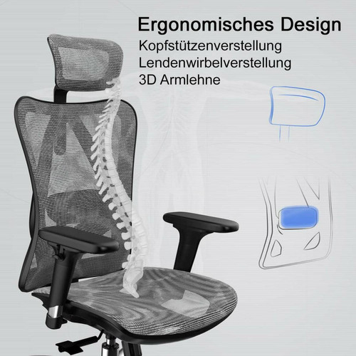 Mendler SIHOO chaise de bureau ergonomique charge max. 150kg ~ revêtement gris, piétement blanc