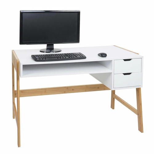 Mendler - Bureau HWC-K12, table d'ordinateur, table de travail, tiroir, bambou 76x155x58cm ~ blanc Mendler  - Bureaux Mendler