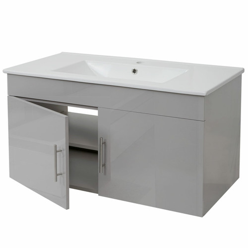 Mendler Meuble sous-lavabo HWC-D16, meuble sous-lavabo Meuble de salle de bain, brillant 90cm ~ gris