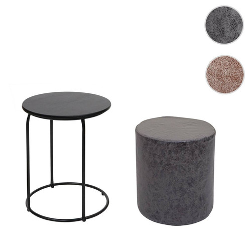 Mendler - Lot de 2 poufs et table d'appoint HWC-K48, table basse table tabouret, certifié MVG MDF métal similicuir ~ noir Mendler  - Meuble metal noir