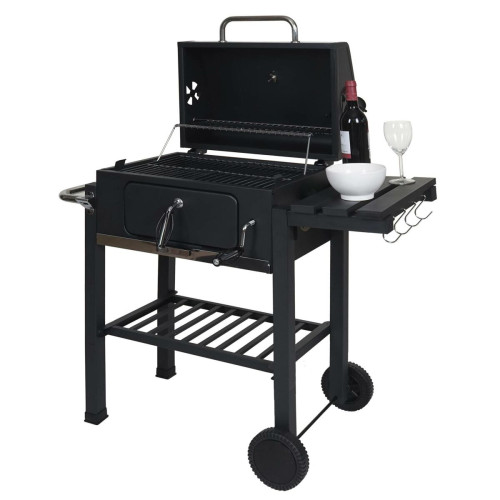 Mendler - Chariot à barbecue HWC-K93, barbecue au charbon de bois Barbecue BBQ gril de jardin avec couvercle étagères, acier, 110x100x51cm noir Mendler  - Barbecues Mendler