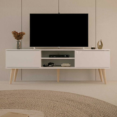 Mes - Meuble TV 2 portes 160x35x55,2 cm blanc et naturel - CISKO Mes - Maison