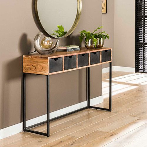 Mes - Console 5 tiroirs 112x35x78 cm en acacia noir et naturel - LEZI Mes - Salon, salle à manger
