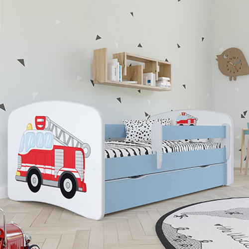 Lit enfant Mes Lit 70x140 cm bleu avec matelas et tiroir décor camion pompier - HEROS