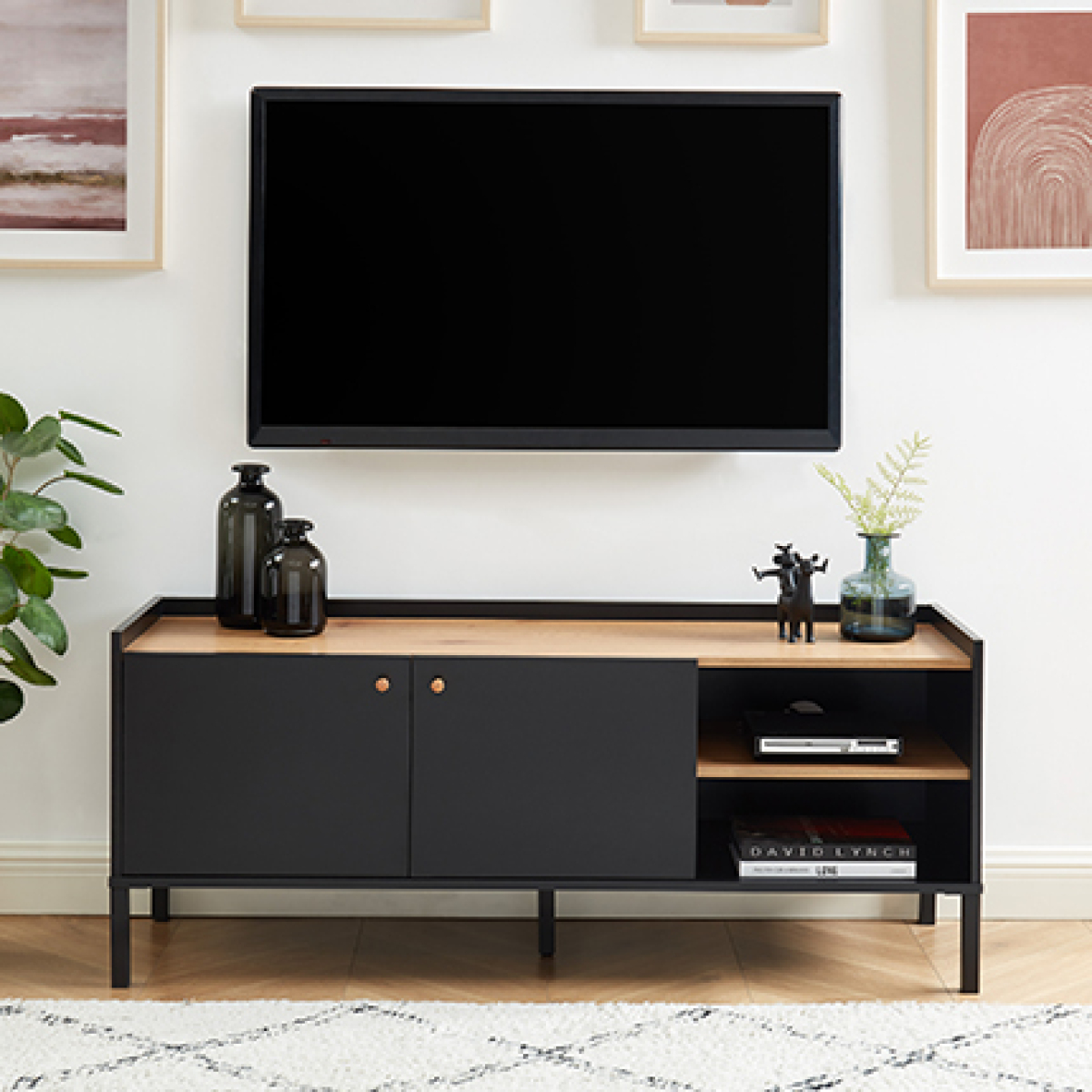 mes meuble tv 2 portes 2 niches 130x39,5x53 cm noir et naturel polyurethane noir