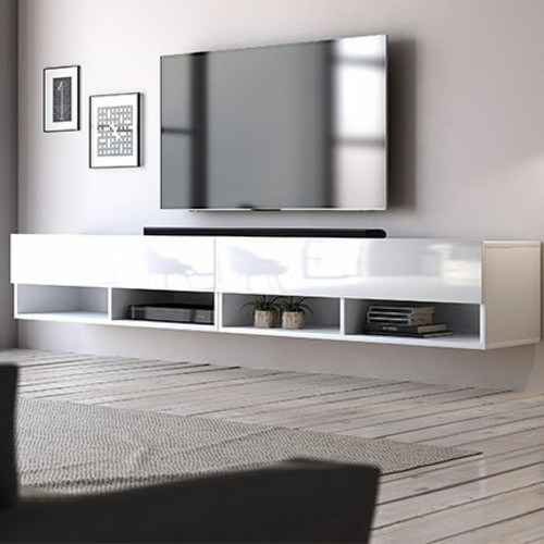 Mes - Meuble TV suspendu 2 portes abattantes 200x33x31 cm blanc - LESLI Mes  - Meuble étagère Salon, salle à manger