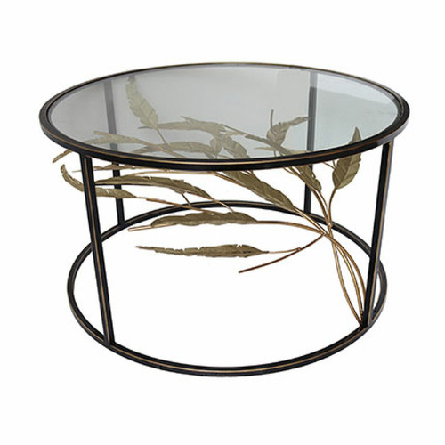 Mes - Table basse ronde 80 cm en métal noir décor feuilles dorées Mes - Salon, salle à manger