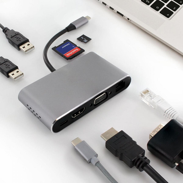 Metronic Adaptateur USB-C  8 en 1 HDMI, RJ45 Gigabit,  2 x USB-A, VGA, SD/micro SD, USB-C PD