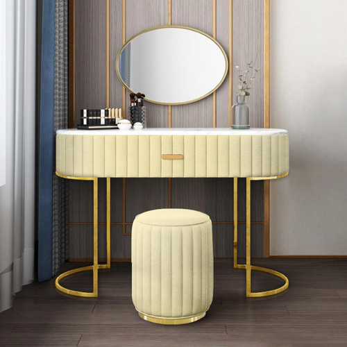 Meubler Design - Coiffeuse à tiroir dessus de table en faux marbre VITA - Velours Beige - Coiffeuse