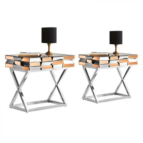 Meubler Design - Lot de deux tabless de chevet en verre miroir 3D or - Chevet Design