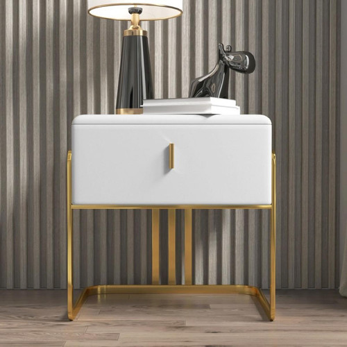 Meubler Design - Table De Chevet Moderne Avec Un Tiroir, Cuir Pu, Pieds Dorés Mobu - Pu Blanc - Chevet Couleur bois et blanc